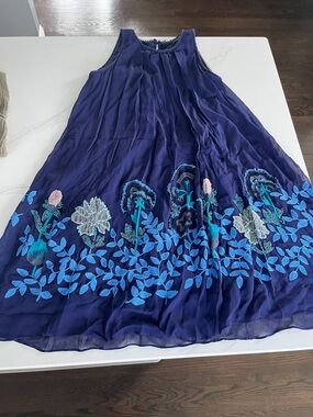 Navy Embroidered Floral A-Line Women's Dress